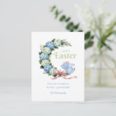 Watercolor Easter Hydrangea Wreath Cute Bunny ポストカード (スタンド正面)