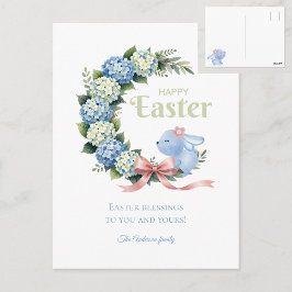 Watercolor Easter Hydrangea Wreath Cute Bunny ポストカード