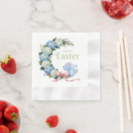 Watercolor Easter Hydrangea Wreath Cute Bunny 縁ありカクテルナプキン