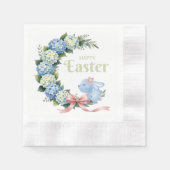 Watercolor Easter Hydrangea Wreath Cute Bunny 縁ありカクテルナプキン (正面)