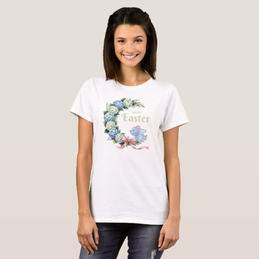 Watercolor Easter Hydrangea Wreath Cute Bunny Tシャツ (正面フル)