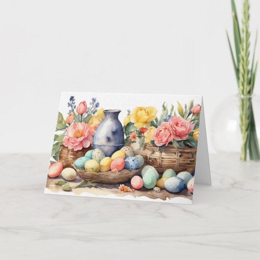 Watercolor Easter Illustration with Flowers, Eggs シーズンカード (正面)