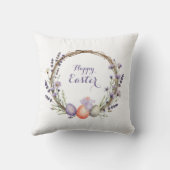 Watercolor Easter Lavender Wreath Eggs Cute Bunny クッション (裏面)