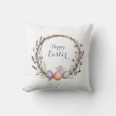 Watercolor Easter Lavender Wreath Eggs Cute Bunny クッション (正面)