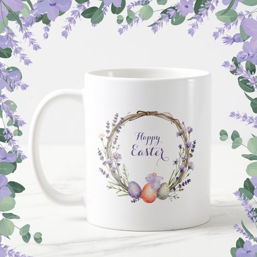 Watercolor Easter Lavender Wreath Eggs Cute Bunny コーヒーマグカップ