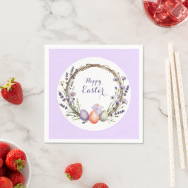 Watercolor Easter Lavender Wreath Eggs Cute Bunny スタンダードカクテルナプキン