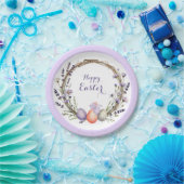 Watercolor Easter Lavender Wreath Eggs Cute Bunny ペーパープレート (パーティー)