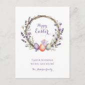 Watercolor Easter Lavender Wreath Eggs Cute Bunny ポストカード (正面)