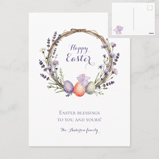 Watercolor Easter Lavender Wreath Eggs Cute Bunny ポストカード