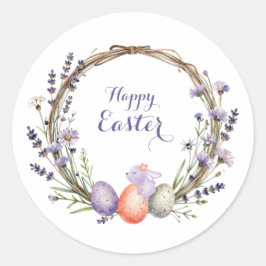 Watercolor Easter Lavender Wreath Eggs Cute Bunny ラウンドシール