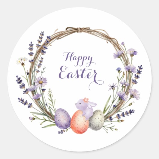 Watercolor Easter Lavender Wreath Eggs Cute Bunny ラウンドシール (正面)