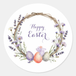 Watercolor Easter Lavender Wreath Eggs Cute Bunny ラウンドシール