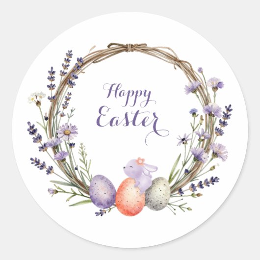 Watercolor Easter Lavender Wreath Eggs Cute Bunny ラウンドシール (正面)