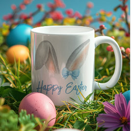 Watercolor Easter Rabbit Ears with Blue Bow Spring カフェラテマグ