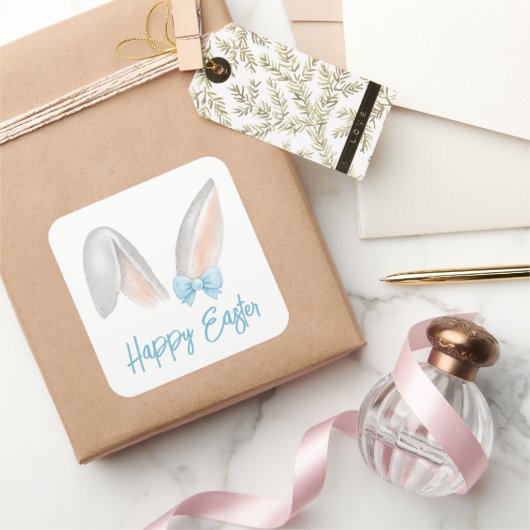 Watercolor Easter Rabbit Ears with Blue Bow Spring スクエアシール (ギフト)