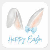 Watercolor Easter Rabbit Ears with Blue Bow Spring スクエアシール (正面)