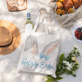Watercolor Easter Rabbit Ears with Blue Bow Spring ラージトートバッグ