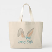 Watercolor Easter Rabbit Ears with Blue Bow Spring ラージトートバッグ (裏面)