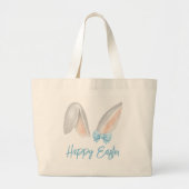 Watercolor Easter Rabbit Ears with Blue Bow Spring ラージトートバッグ (正面)