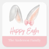 Watercolor Easter Rabbit Ears with Pink Bow Spring スクエアシール (正面)