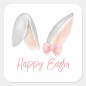 Watercolor Easter Rabbit Ears with Pink Bow Spring スクエアシール (正面)