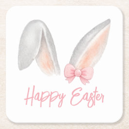 Watercolor Easter Rabbit Ears with Pink Bow Spring スクエアペーパーコースター