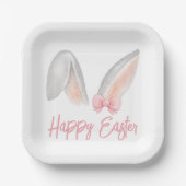 Watercolor Easter Rabbit Ears with Pink Bow Spring ペーパープレート (正面)