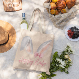 Watercolor Easter Rabbit Ears with Pink Bow Spring ラージトートバッグ