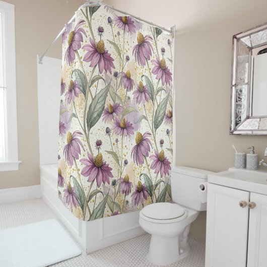 Watercolor Echinacea Purple & Gold シャワーカーテン (インサイチュ)