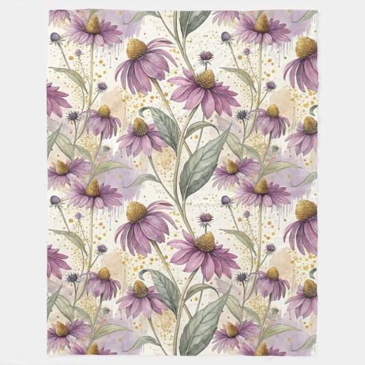 Watercolor Echinacea Purple & Gold フリースブランケット (正面)