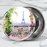 Watercolor Eifel Tower Paris French Cafe 缶バッジ<br><div class="desc">Watercolor Eifel Tower Paris French Cafe Buttons features a watercolor french cafe seating area with Paris and the Eifel Tower in the background. Created by Evco Studio www.zazzle.com/store/evcostudio</div>