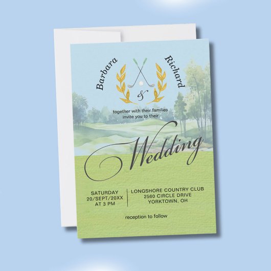 Watercolor Elegant Golf Wedding w/Details  招待状