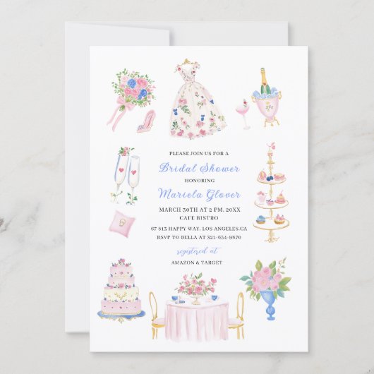 Watercolor Elegant hand drawn pink blue   Bridal S 招待状 (正面)