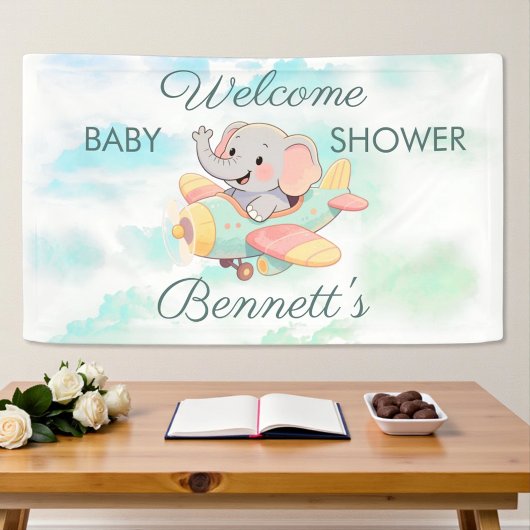 Watercolor Elephant Airplane Baby Shower Banner 横断幕