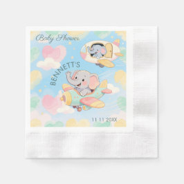 Watercolor Elephant Airplane Baby Shower Napkin 縁ありカクテルナプキン