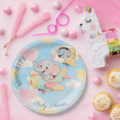 Watercolor Elephant Airplane Baby Shower Plate ペーパープレート (パーティー)
