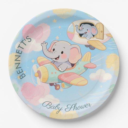 Watercolor Elephant Airplane Baby Shower Plate ペーパープレート (正面)