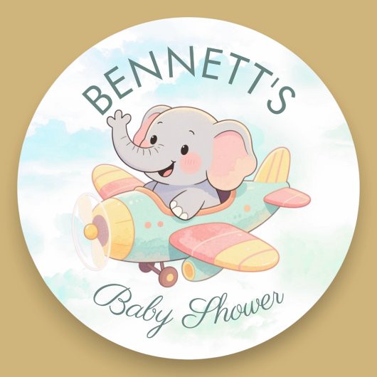 Watercolor Elephant Airplane Baby Shower Sticker ラウンドシール