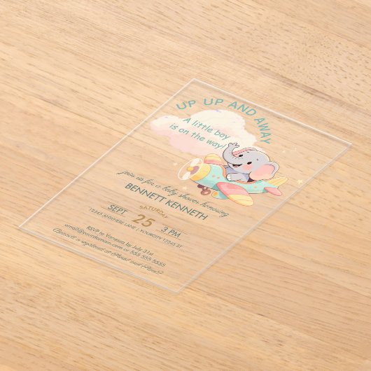 Watercolor Elephant Airplane Boy Invitation アクリル招待状 (レイダウン)