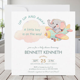 Watercolor Elephant Airplane Boy Invitation セーブザデート