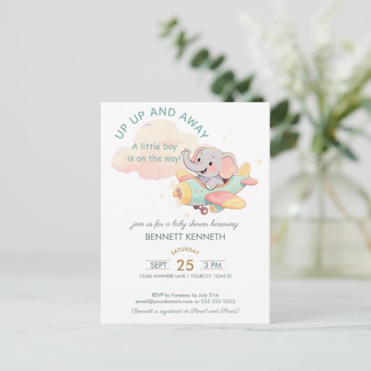 Watercolor Elephant Airplane Boy Invitation ポストカード (スタンド正面)