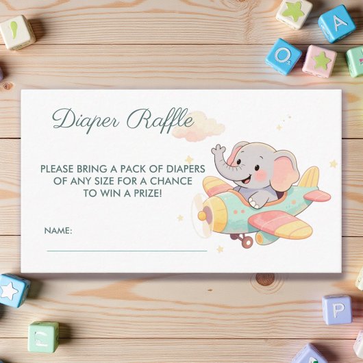 Watercolor Elephant Airplane Diaper Raffle Card エンクロージャーカード
