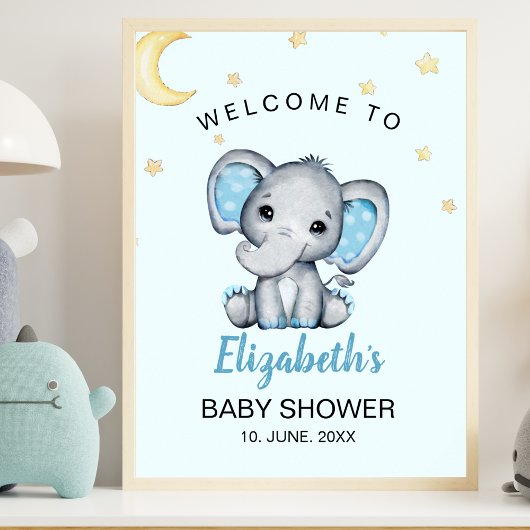 Watercolor Elephant Baby Shower Boy, Blue and Gray ポスター