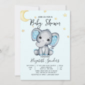 Watercolor Elephant Baby Shower Boy, Blue and Gray 招待状 (正面)