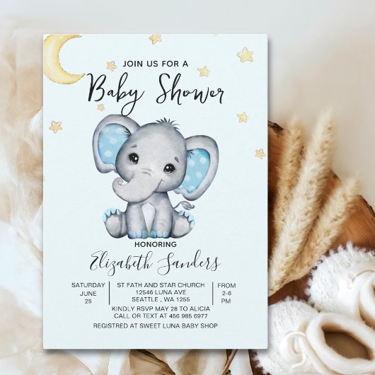Watercolor Elephant Baby Shower Boy, Blue and Gray 招待状