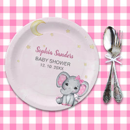 Watercolor Elephant Baby Shower Girl Pink ペーパープレート