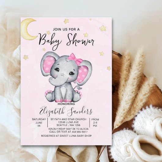 Watercolor Elephant Baby Shower Girl Pink 招待状