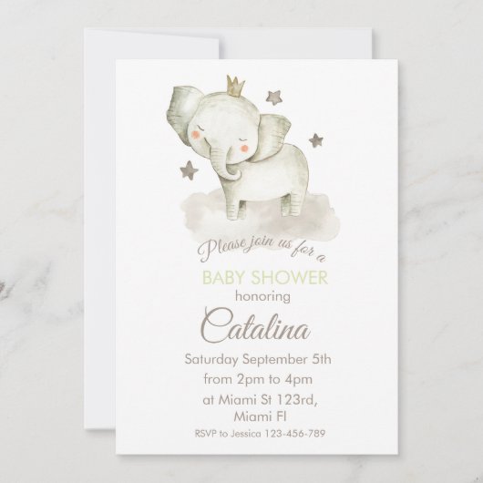 Watercolor Elephant Baby Shower Invitation 招待状 (正面)