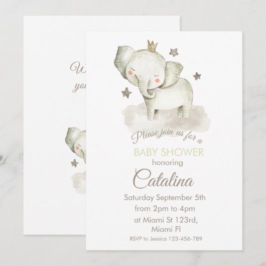 Watercolor Elephant Baby Shower Invitation 招待状 (正面/裏面)