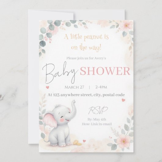 Watercolor Elephant Baby Shower Invitation 招待状 (正面)